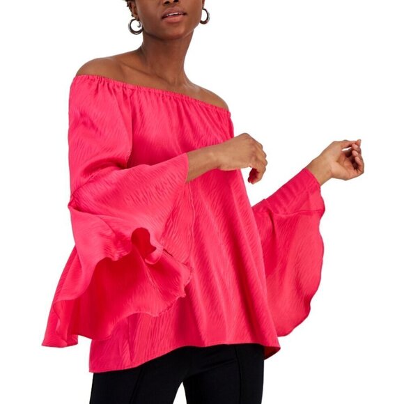 Fever Tops - FEVER Women's Jacquard On & Off-the-Shoulder Bell Sleeve Hot Pink Top NWT